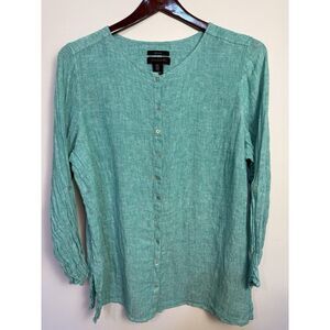 Tahara Linen Blouse Tunic 1x Turquoise Long Roll‎ Tab Sleeve Button Up
